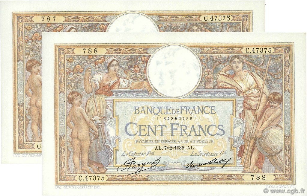 100 Francs LUC OLIVIER MERSON grands cartouches FRANKREICH  1935 F.24.14 VZ to fST