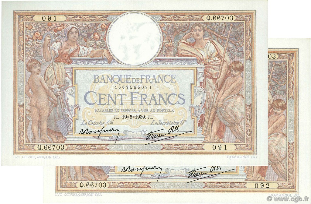 100 Francs LUC OLIVIER MERSON type modifié FRANKREICH  1939 F.25.47 VZ+