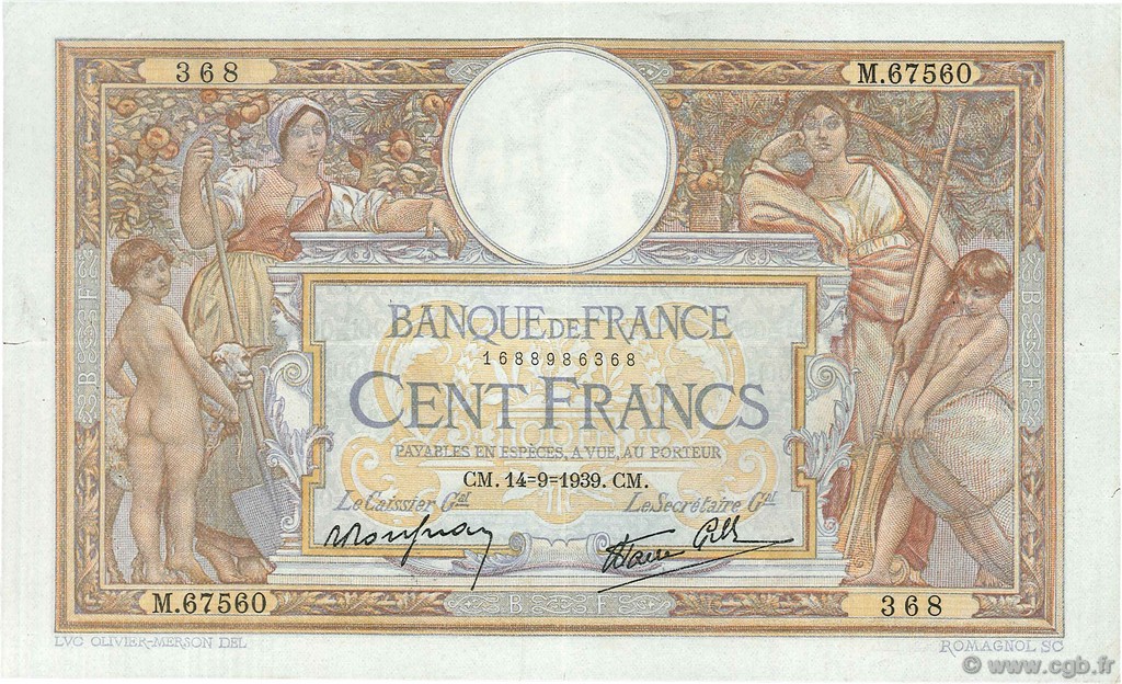 100 Francs LUC OLIVIER MERSON type modifié FRANCE  1939 F.25.49 VF
