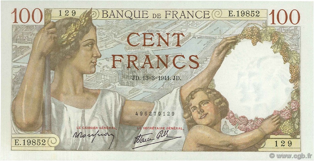 100 Francs SULLY FRANCE  1941 F.26.48 UNC