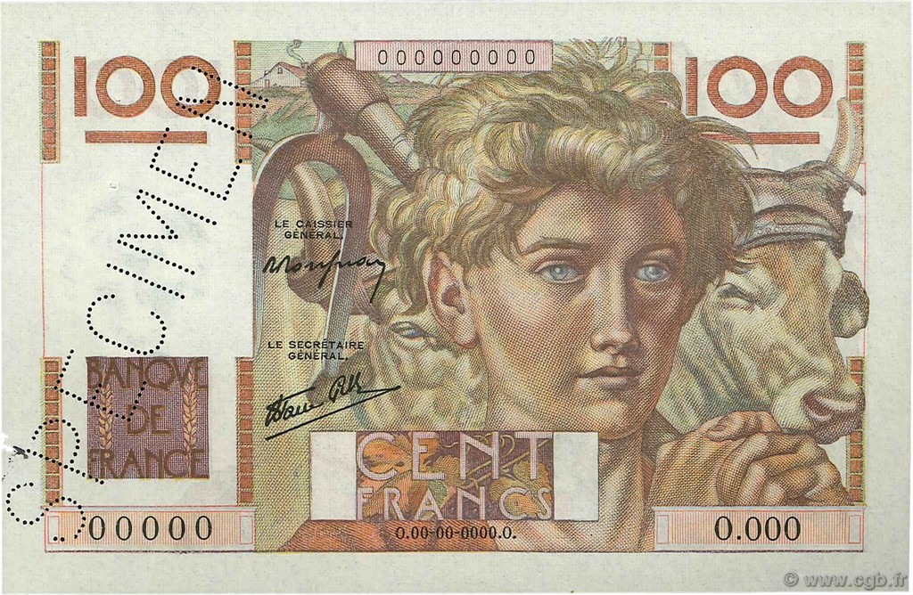 100 Francs JEUNE PAYSAN FRANCE  1945 F.28.01Sp AU-