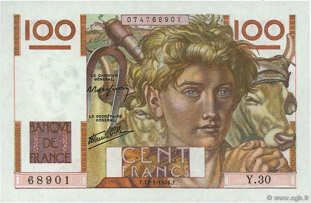 100 Francs JEUNE PAYSAN FRANCE  1946 F.28.02 UNC