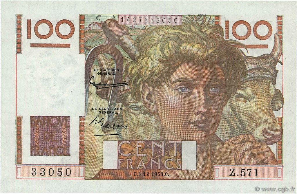 100 Francs JEUNE PAYSAN FRANKREICH  1953 F.28.40 fST+