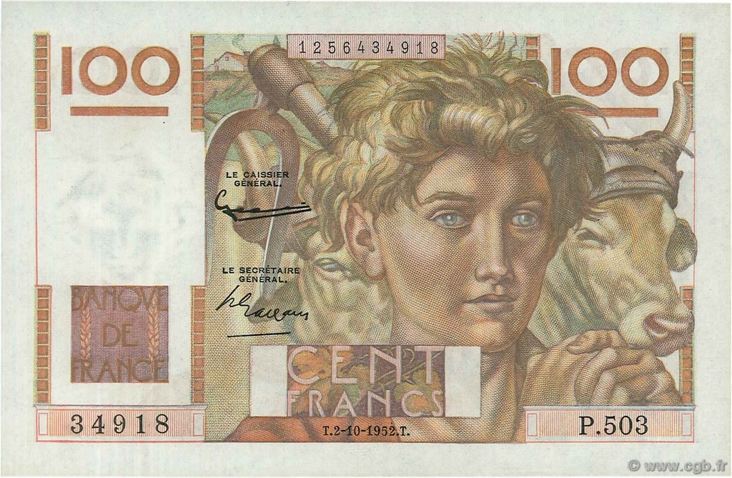 100 Francs JEUNE PAYSAN filigrane inversé FRANCE  1952 F.28bis.01 UNC-