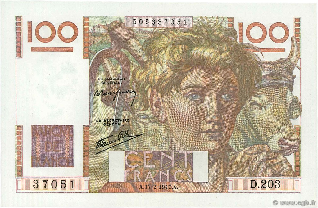 100 Francs JEUNE PAYSAN Favre-Gilly FRANCIA  1947 F.28ter.01 SC+