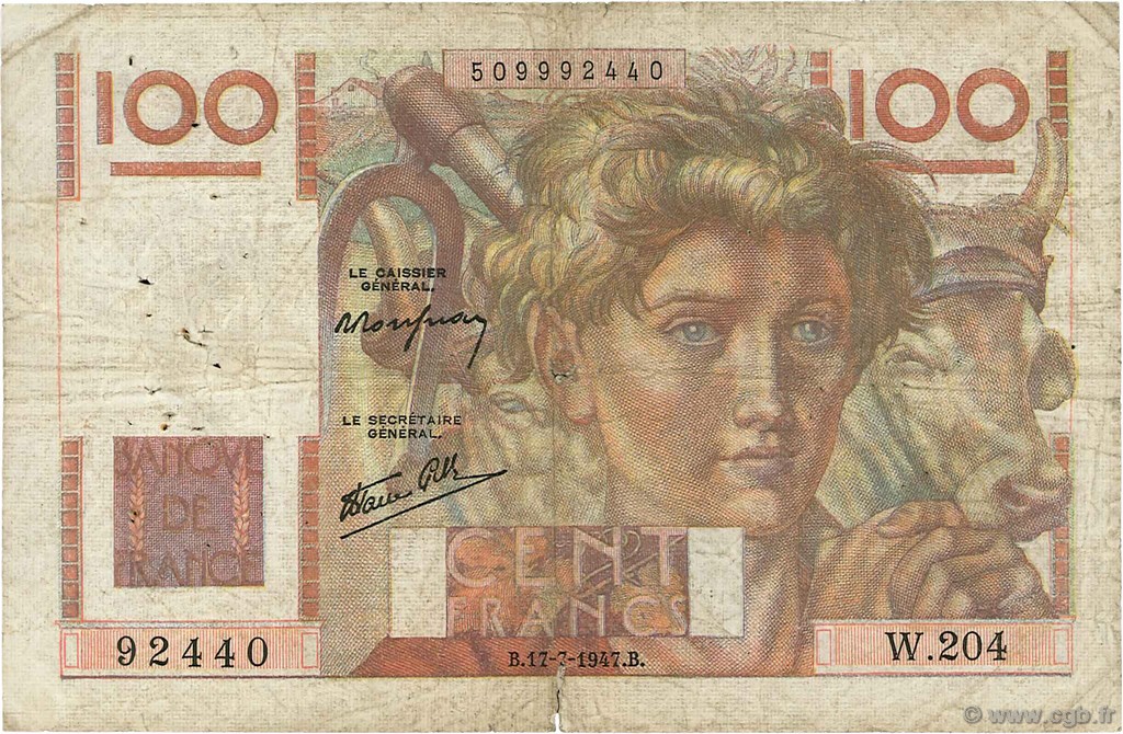 100 Francs JEUNE PAYSAN Favre-Gilly FRANCIA  1947 F.28ter.02 q.MB
