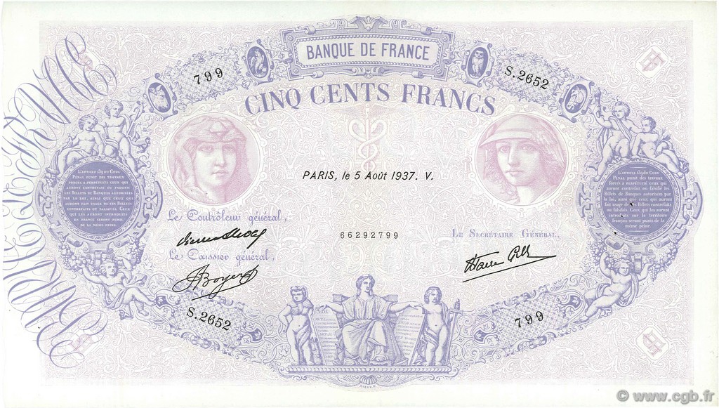 500 Francs BLEU ET ROSE modifié FRANCIA  1937 F.31.01 EBC+
