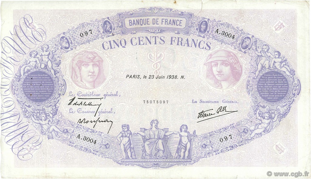 500 Francs BLEU ET ROSE modifié FRANKREICH  1938 F.31.16 fSS