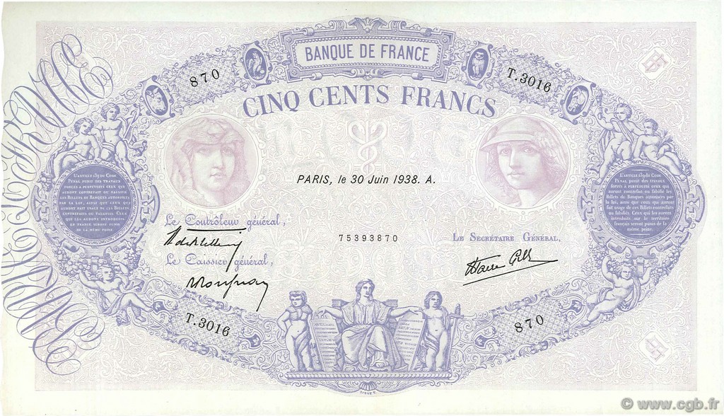 500 Francs BLEU ET ROSE modifié FRANCE  1938 F.31.17 XF