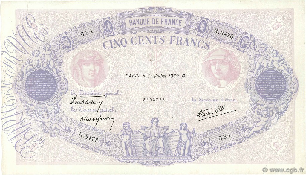 500 Francs BLEU ET ROSE modifié FRANCE  1939 F.31.36 VF+