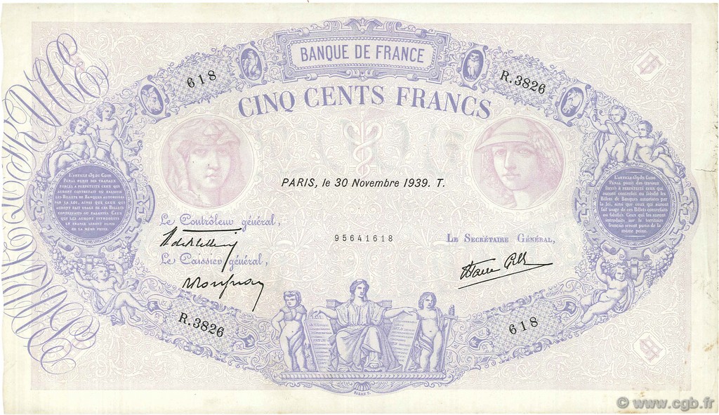 500 Francs BLEU ET ROSE modifié FRANCIA  1939 F.31.50 q.SPL