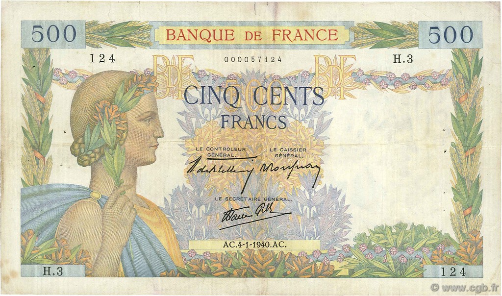 500 Francs LA PAIX FRANCE  1940 F.32.01 VF