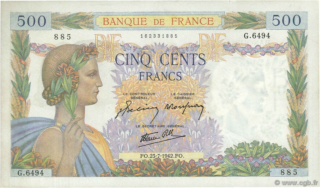 500 Francs LA PAIX FRANKREICH  1942 F.32.38 fST