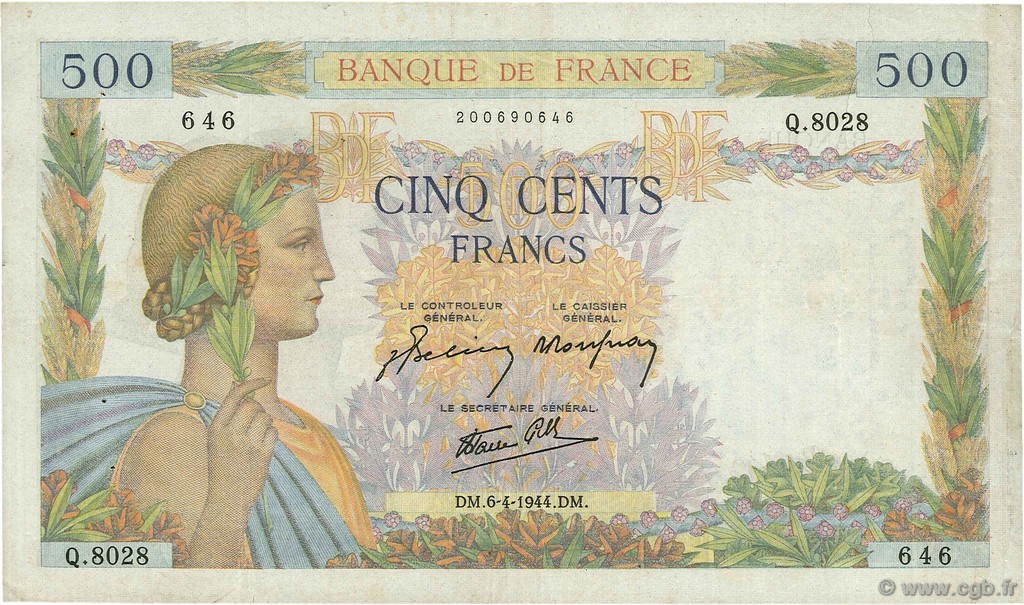 500 Francs LA PAIX FRANCE  1944 F.32.46 F+
