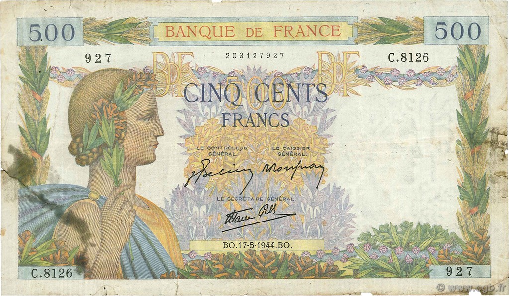 500 Francs LA PAIX FRANKREICH  1944 F.32.47 fS