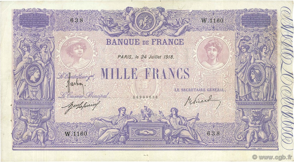 1000 Francs BLEU ET ROSE FRANCE  1918 F.36.32 VF