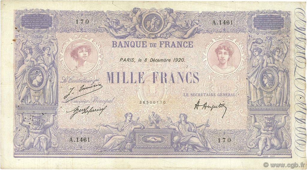 1000 Francs BLEU ET ROSE FRANCE  1920 F.36.36 F+