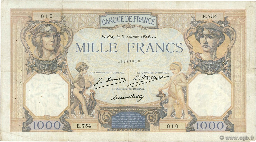 1000 Francs CÉRÈS ET MERCURE FRANCIA  1929 F.37.03 BC+