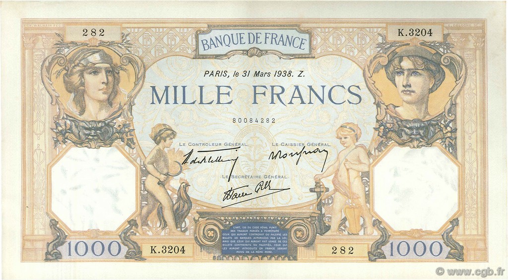 1000 Francs CÉRÈS ET MERCURE type modifié FRANKREICH  1938 F.38.10 VZ