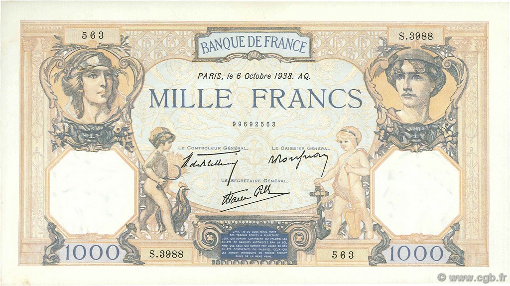 1000 Francs CÉRÈS ET MERCURE type modifié FRANCE  1938 F.38.28 AU+