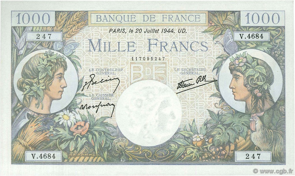 1000 Francs COMMERCE ET INDUSTRIE FRANKREICH  1944 F.39.12 fST+