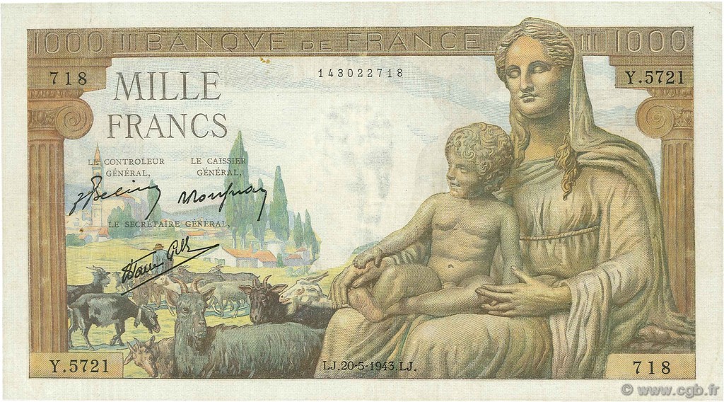 1000 Francs DÉESSE DÉMÉTER FRANKREICH  1943 F.40.24 VZ
