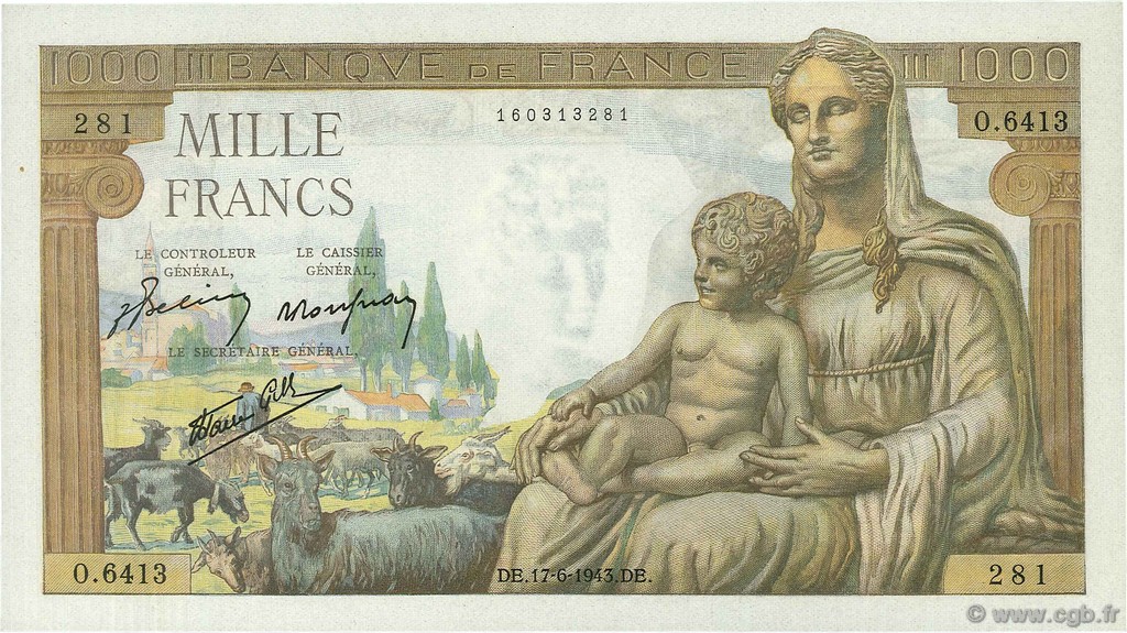 1000 Francs DÉESSE DÉMÉTER FRANCIA  1943 F.40.27 q.FDC