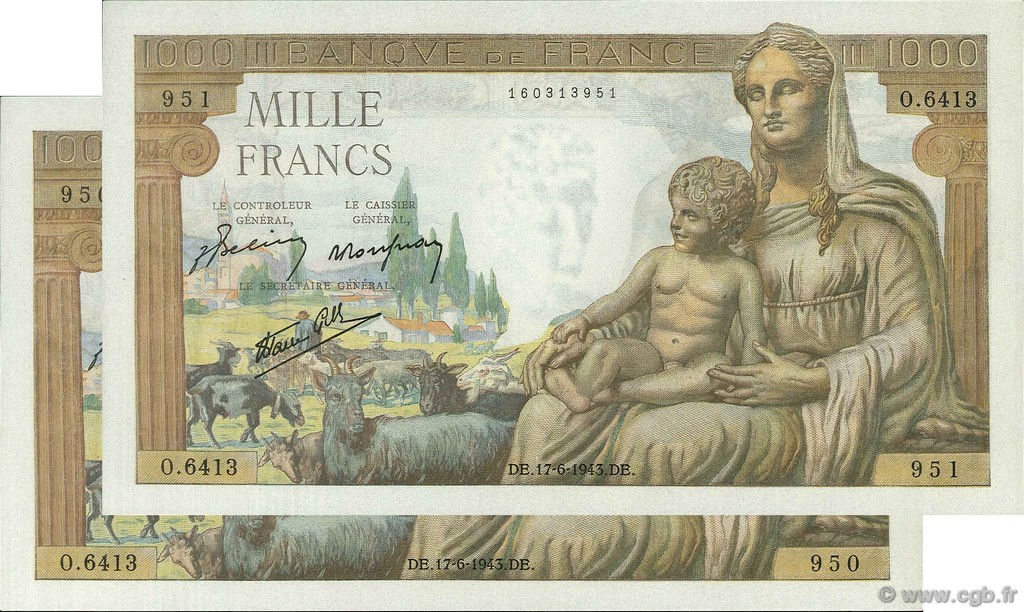 1000 Francs DÉESSE DÉMÉTER Consécutifs FRANKREICH  1943 F.40.27 fST+