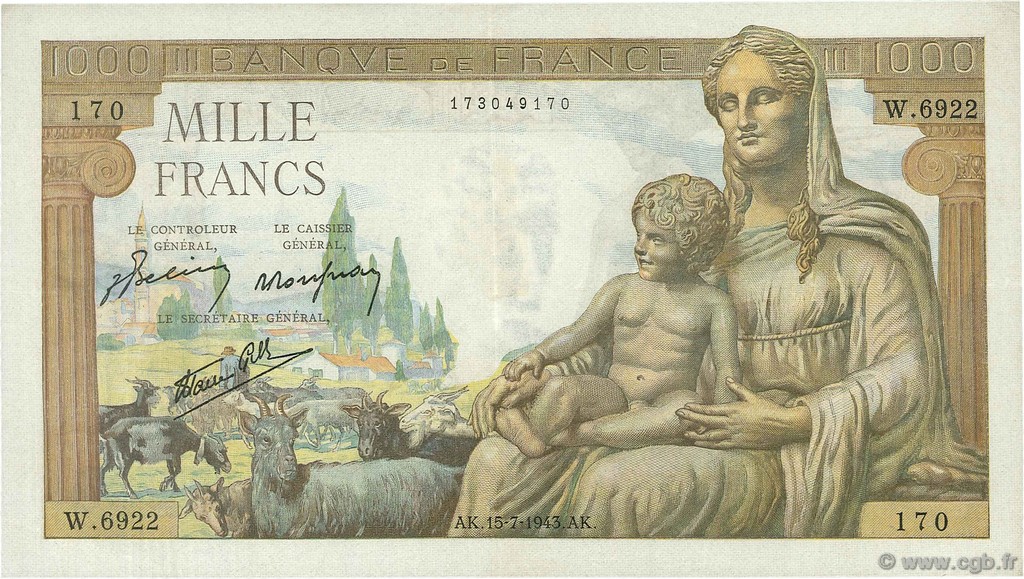 1000 Francs DÉESSE DÉMÉTER FRANCIA  1943 F.40.30 EBC