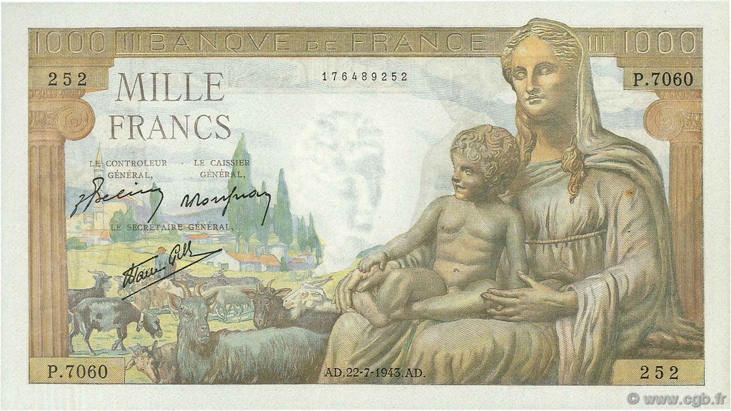 1000 Francs DÉESSE DÉMÉTER FRANCE  1943 F.40.31 XF+