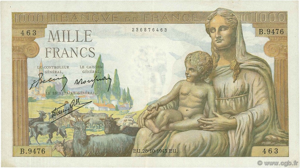 1000 Francs DÉESSE DÉMÉTER FRANCIA  1943 F.40.38 q.SPL