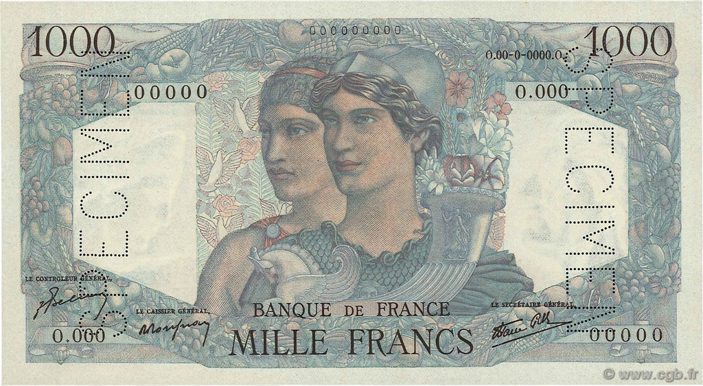 1000 Francs MINERVE ET HERCULE FRANKREICH  1945 F.41.01Sp2 fST