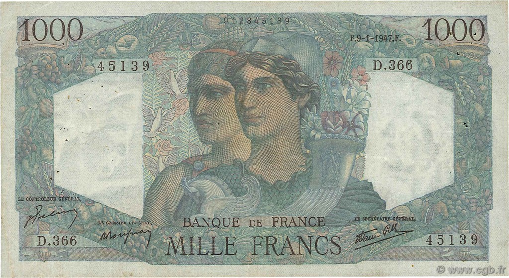 1000 Francs MINERVE ET HERCULE FRANCIA  1947 F.41.18 MBC