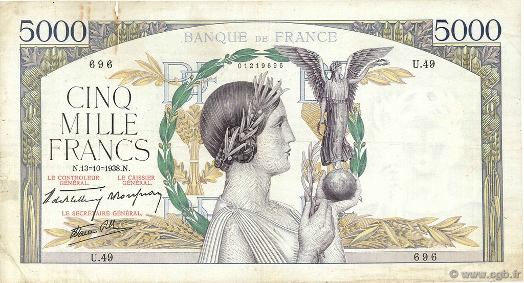 5000 Francs VICTOIRE modifié, taille douce FRANCIA  1938 F.45.01 BC
