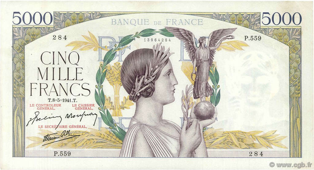 5000 Francs VICTOIRE Impression à plat FRANKREICH  1941 F.46.21 VZ