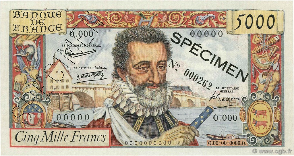 5000 Francs HENRI IV FRANCE  1957 F.49.01Spn XF+