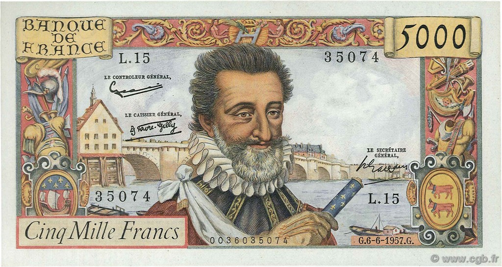 5000 Francs HENRI IV FRANCIA  1957 F.49.02 SC