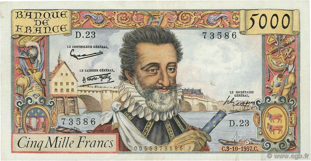5000 Francs HENRI IV FRANCE  1957 F.49.03 TTB