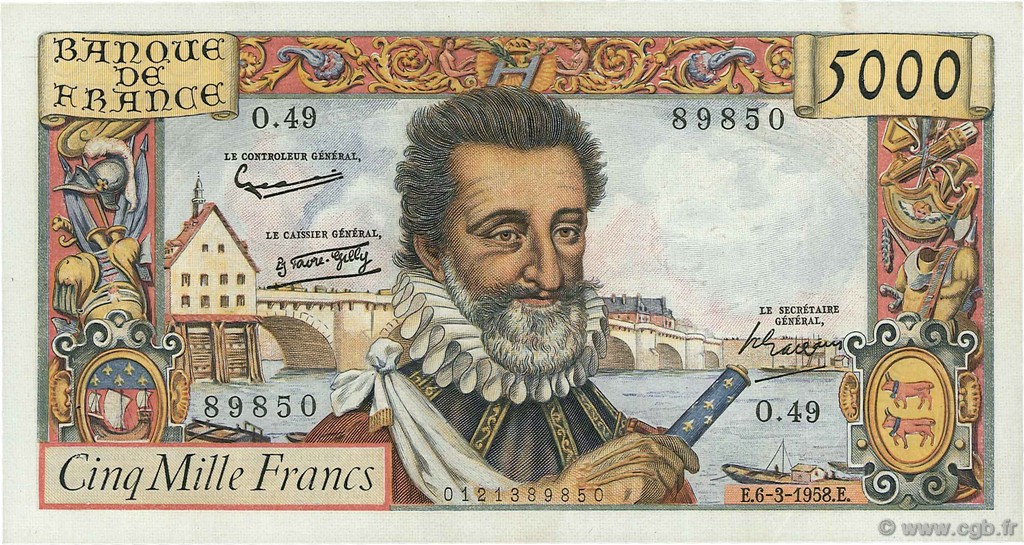 5000 Francs HENRI IV FRANCIA  1958 F.49.06 MBC a EBC