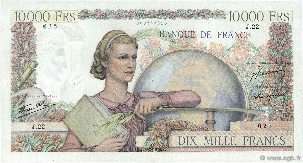 10000 Francs GÉNIE FRANÇAIS FRANCIA  1945 F.50.01 BC