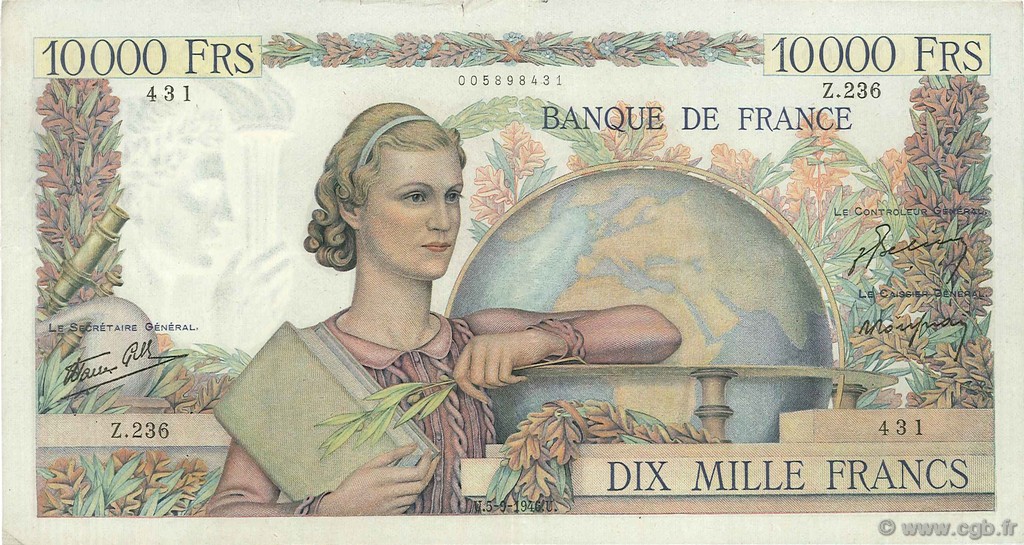 10000 Francs GÉNIE FRANÇAIS FRANCIA  1946 F.50.10 MBC