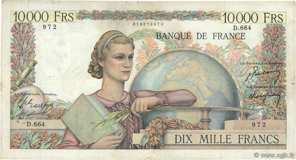 10000 Francs GÉNIE FRANÇAIS FRANCIA  1950 F.50.28 BC