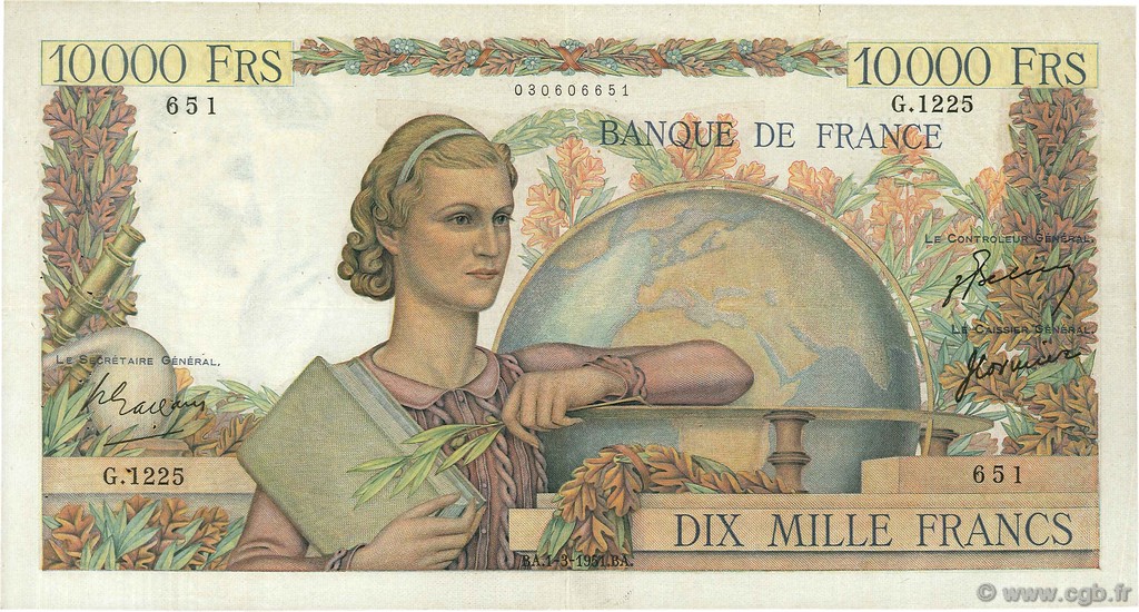 10000 Francs GÉNIE FRANÇAIS FRANCE  1951 F.50.48 VF