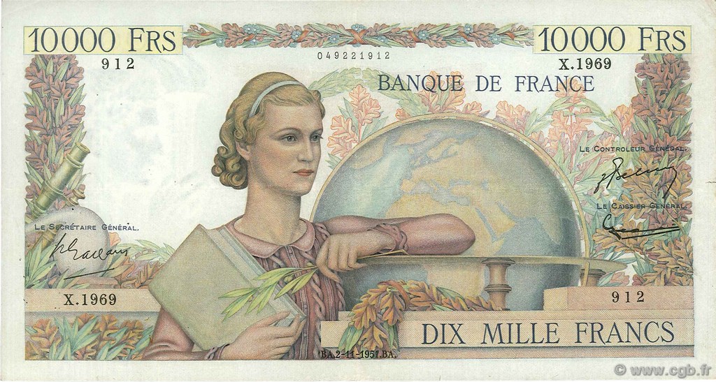 10000 Francs GÉNIE FRANÇAIS FRANCIA  1951 F.50.54 q.BB