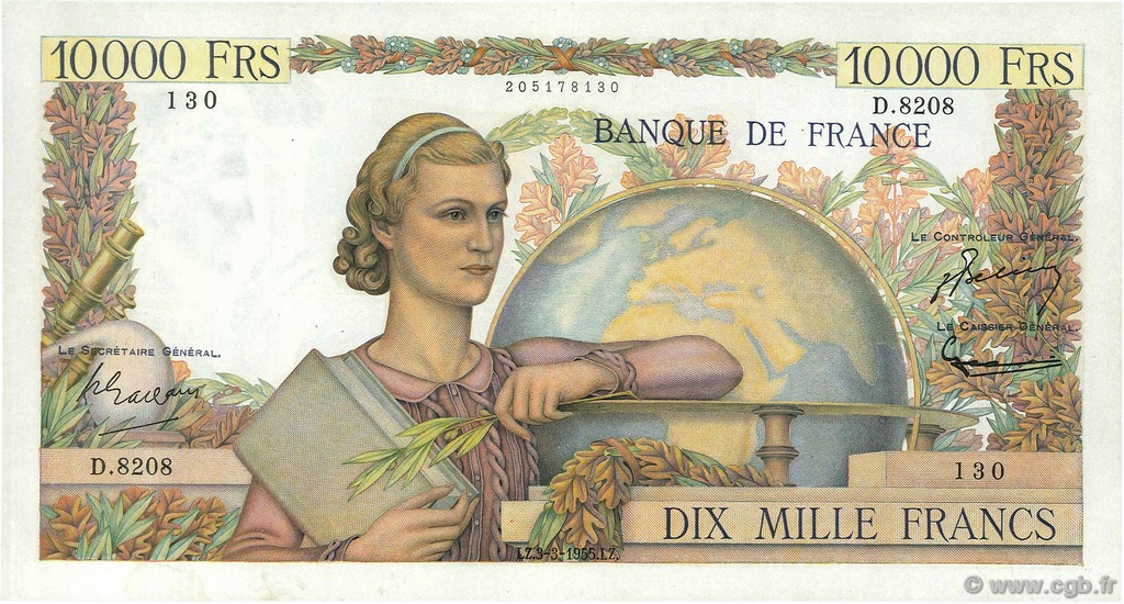 10000 Francs GÉNIE FRANÇAIS FRANCIA  1955 F.50.73 BB