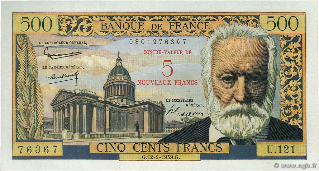 5 NF sur 500 Francs Victor HUGO FRANCIA  1959 F.52.02 EBC+