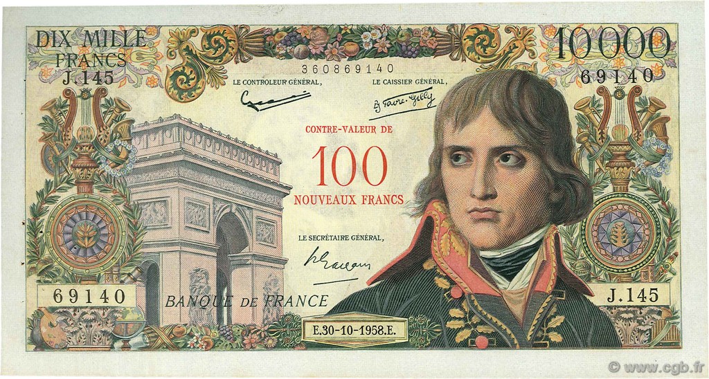 100 NF sur 10000 Francs BONAPARTE FRANCE  1958 F.55.01 VF+