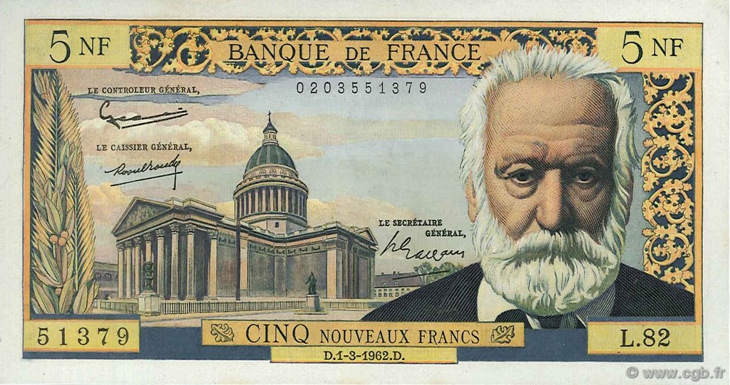 5 Nouveaux Francs VICTOR HUGO FRANCIA  1962 F.56.11 EBC
