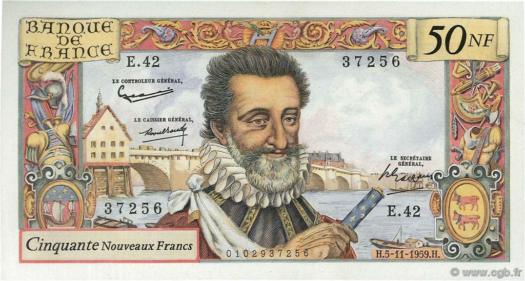 50 Nouveaux Francs HENRI IV FRANCIA  1959 F.58.04 SPL a AU
