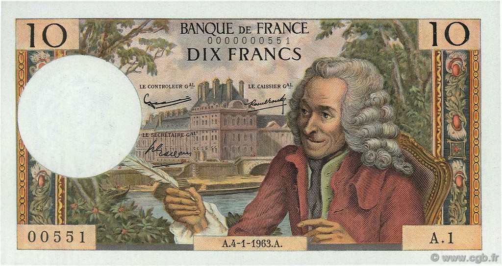 10 Francs VOLTAIRE FRANCIA  1963 F.62.01A1 SC+